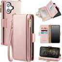 Antsturdy for iPhone 16 Plus Phone Wallet Case Women,Rose Gold RFID Blocking,with Credit Card Holder Slots,PU Leather Purse,Zipper Pocket,Wrist Strap Kickstand,Flip Folio Cover for Men