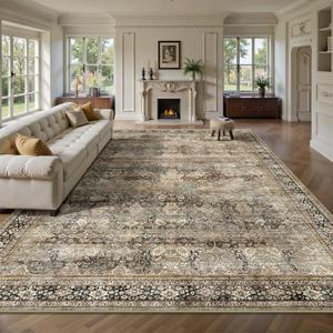 8x10 Area Rugs for Living Room - Washable Vintage Retro Large Rug, Soft Ultra Thin Non Slip Low Pile Traditional Distressed Boho Carpet for Bedroom Dining Room Home Office, Charcoal Olive