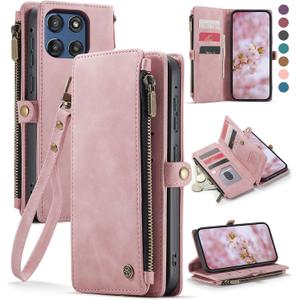 Defencase Compatible with Moto G Stylus 5G (2025) Case, RFID Blocking Wallet Case for Motorola Moto G Stylus 5G 2025 PU Leather Flip Strap Zipper Card Holder Phone Cases for Women and Men, Rose Pink