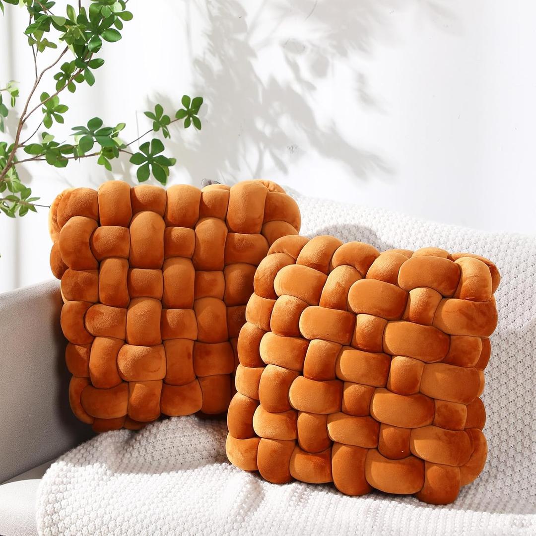 Wenqik 2 Pcs Knot Pillow Soft Throw Pillow Home Decoration Cushion Square Office Knotted Plush Throw Cushion for Living Room Bedroom Sofa Couch Living Room Decor, 12'' x 13'' (Caramel)