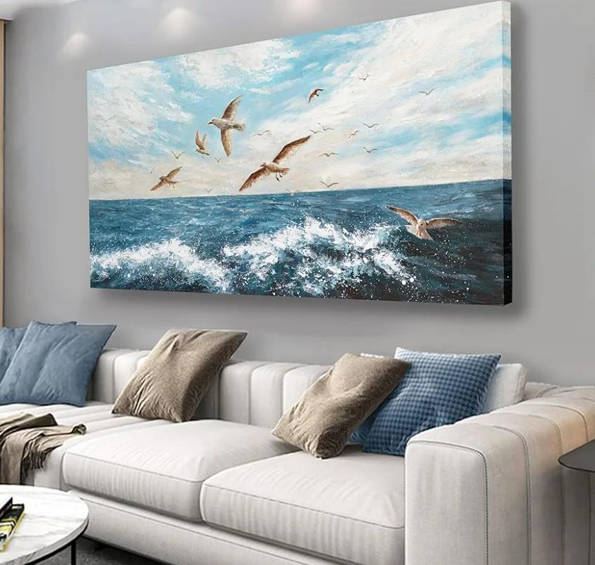 Belmrxne Ocean Wall Decor Blue and Tan Canvas Painting Cool Artwork for Living Room Bedroom Dining Room Office Home Decor 24x48 inch