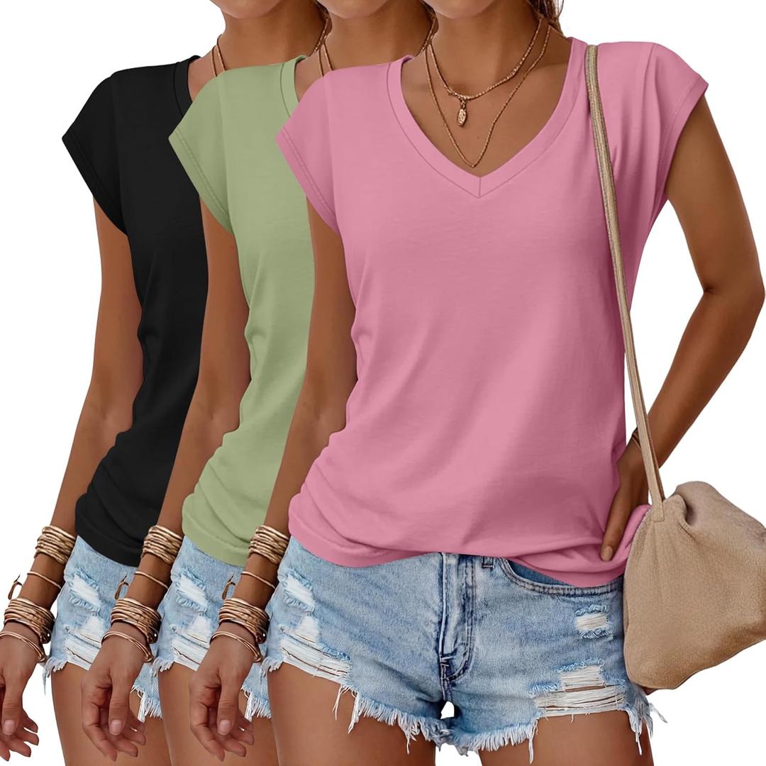 Huukeay 3 Pack Womens V Neck T Shirts, Cap Sleeve Summer Casual Tops Loose Fit Short Sleeve Tees Basic Trendy Shirts (Medium, Black, Grass Green, Pink)