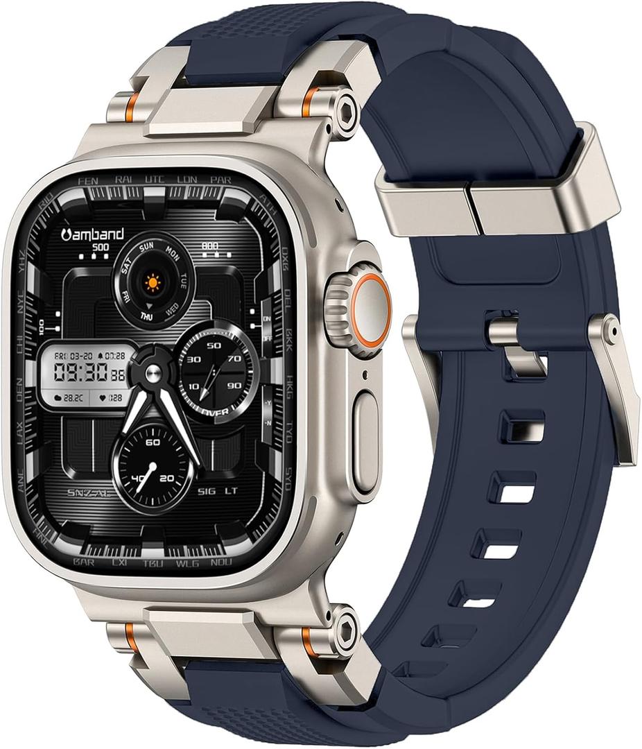 amBand Bands Compatible with Apple Watch Ultra 2/1 49mm, M1 Sport Series Rugged Durable Strap with Metal Connector to Match Ultra's Titanium Case for iWatch 49 mm Men Titanium/Navy Blue