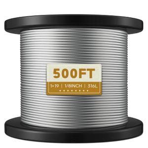 Stainless Steel Cable 1/8 Inch, 1 x 19 Strands Construction, 500FT T316L Stainless Steel Wire Rope Aircraft Cable for Deck Cable Railing, Fence, DIY Balustrades