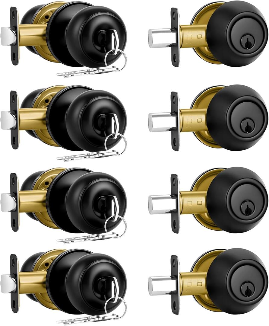 Plustool 4 Pack Front Door Lock Set,Matte Black Exterior Door Lock Set with Deadbolt,Single Cylinder Deadbolt Lock and Door Knob Set,Keyed Alike Door Knob with Lock&Keys,Round Ball Entry Door Lockset
