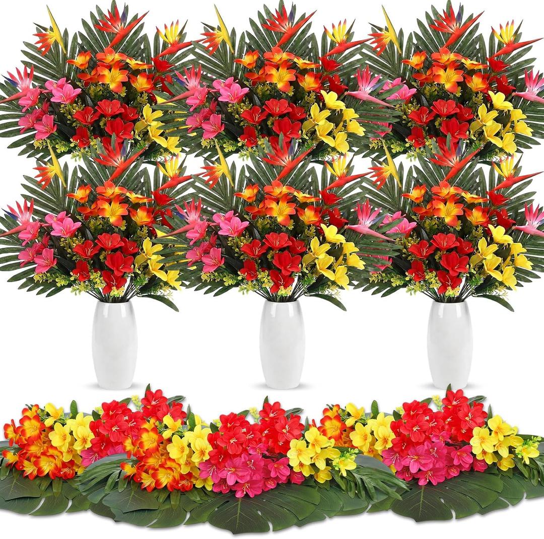 Hotop 4 Set/ 16 Pcs Artificial Tropical Flower Bouquets Bulk for Hawaii Centerpieces Bird of Paradise Lily Bouquet Permanent Flower Tropical Plant Party Office Home Decor (Multiple Color)