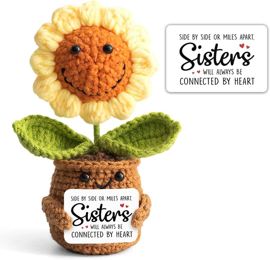 Mothers Day Sister Gifts from Sister - Positive Sunflower Crochet - Side by Side Or Miles Apart Sisters Emotional Support Crochet - Birthday, Graduation, Long Distance Gifts for Women, Soul Sisters