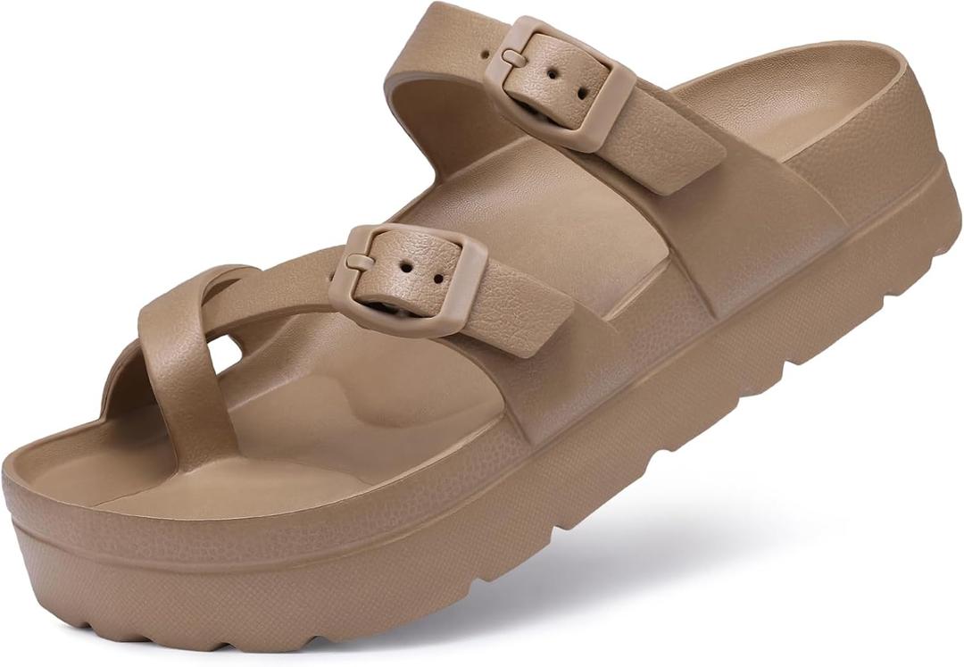 Goosecret Women's Platform Sandals with Arch Support Comfortable Foam Slides Summer Beach Sandals with Adjustable Buckle (Beige)
