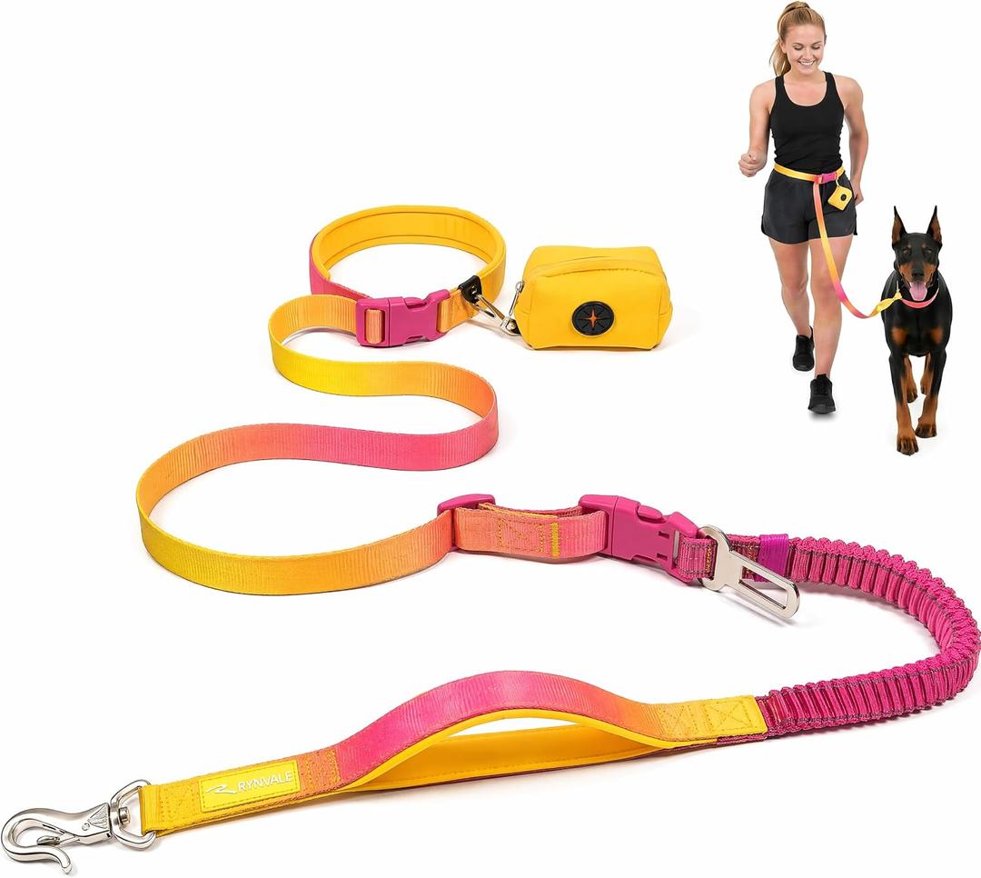 RYNVALE Hands Free Dog Leash with Car Seatbelt Clip & Poop Bag | Heavy Metal Clip, Dual Padded Handles, 220lb Shock Absorbing Bungee Waist Belt, for Running Walking 6 feet L
