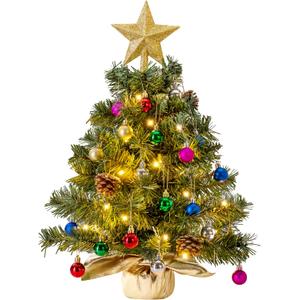 Joiedomi 24"/2FT Tabletop Mini Christmas Tree Pre lit with Warm Lights, Holly Berries, Pine Cones and Ornaments for Indoor Artificial Mini Xmas Tree Holiday Season Decorations (Gold)
