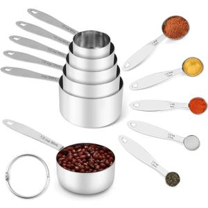 Joyhill Stainless Steel Measuring Cups and Spoons Set of 10 Piece, Nesting Metal Measuring Cups Set with Soft Touch Silicone Handles for Dry and Liquid Ingredients, Cooking & Baking (Silver)