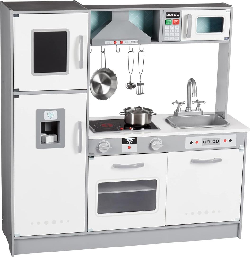 Amazon Basics Kids Kitchen Set, Play Kitchen Toy Playset for Toddlers, Preschoolers, 39"L x 11.8"W x 39"H, White & Gray