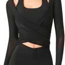 Harssidanzar Yoga Two-Piece Set Long Sleeve for Women Mesh Gym Athletic Tops Workout Shirts with Sports Bra CL306US (Small, Black)