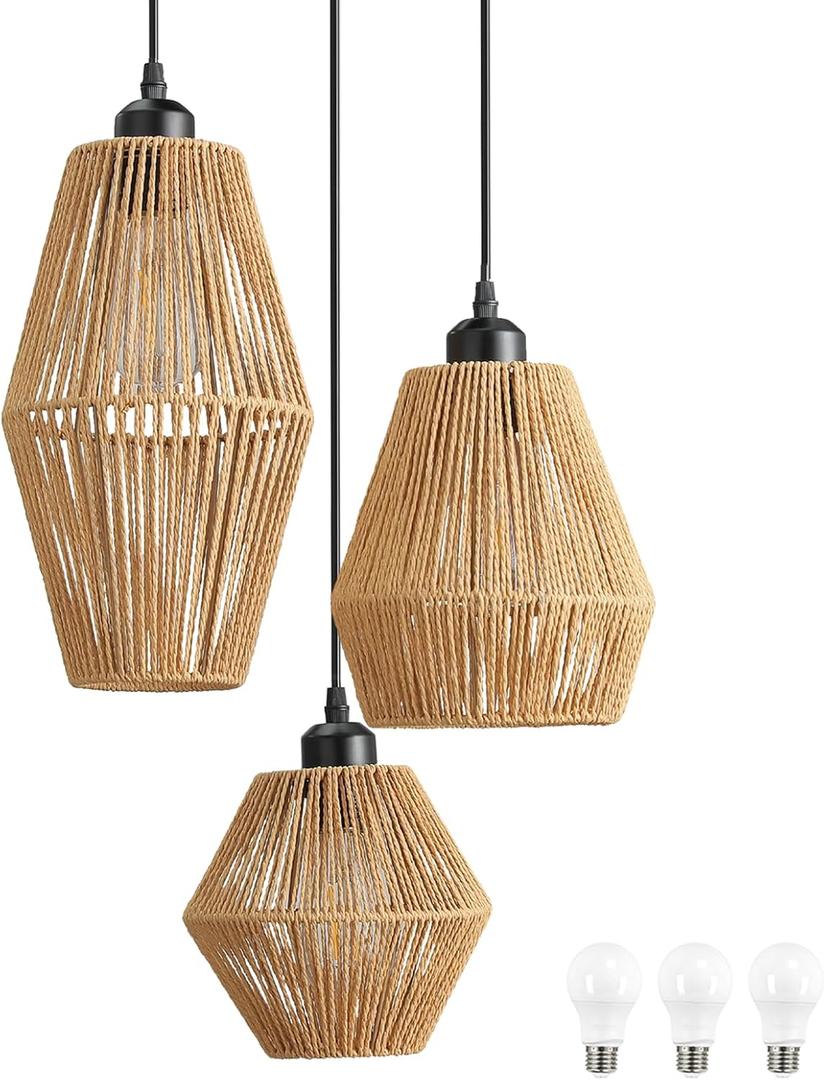 3-Light Rattan Pendant Light,Hand Woven Boho Chandelier,Wicker Pendant Light Fixture,Kitchen Dining Room Chandelier Over Table,Hanging Light for Living Room,Entryway,LED Bulbs Included