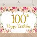 Gold Happy 100th Birthday Banner Decorations for Women Pink Flowers Happy 100th Birthday Banner Backdrop for Women Golden Glitter Party Decoration Background 5.9X3.6Ft