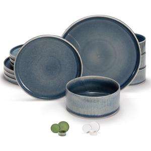 Ceramic Dinnerware Set, by Vase and Vessel, 12-Piece Service for 4, 9.8 Dinner Plates, 8 Salad Plates, 20 oz Bowls, Ombre Reactive Glaze, Durable Stoneware, Microwave & Dishwasher (Denim)
