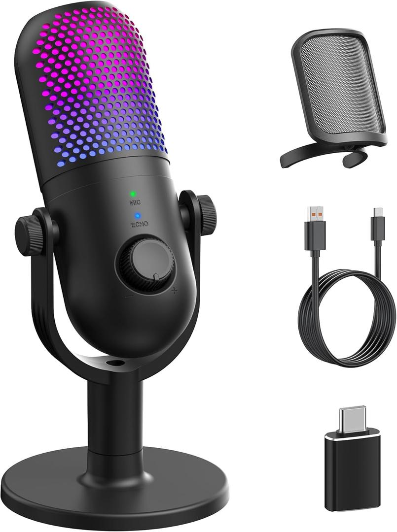 USB Microphone for PC Gaming: Condenser Microphone RGB for Gamer with Stand Mic - Recording Mic for Computer&Laptop with Qiuck Mute - Desk Podcast Mic for Podcast & Singing & Streaming & Youtube Black