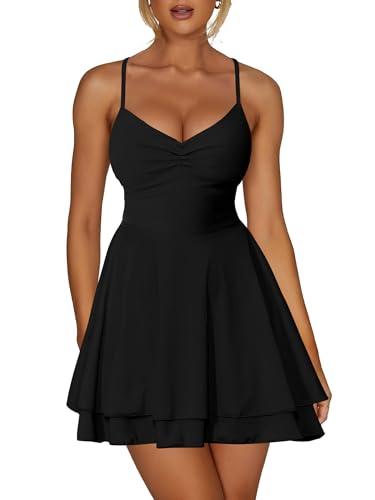 Kaximil Women's Sexy Spaghetti Strap Ruffle Mini Dress Ruched Corset Party Club A Line Short Dresses, X-Large, Black
