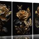 3pcs Black And Gold Rose Wall Art Abstract Plant Flowers Posters Prints Modern Floral Pictures Black Rose And Gold Leaf Canvas Wall Decor for Living Room Bedroom Bathroom Office Decoration Painting