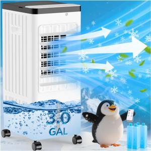 Windowless Portable Air Conditioners, Swamp Cooler with Oscillation, Evaporative Air Cooler with Remote, 7H Timer, Air Cooler Fan with 3Modes&Speeds for Bedroom Indoor Room (White, 9L)