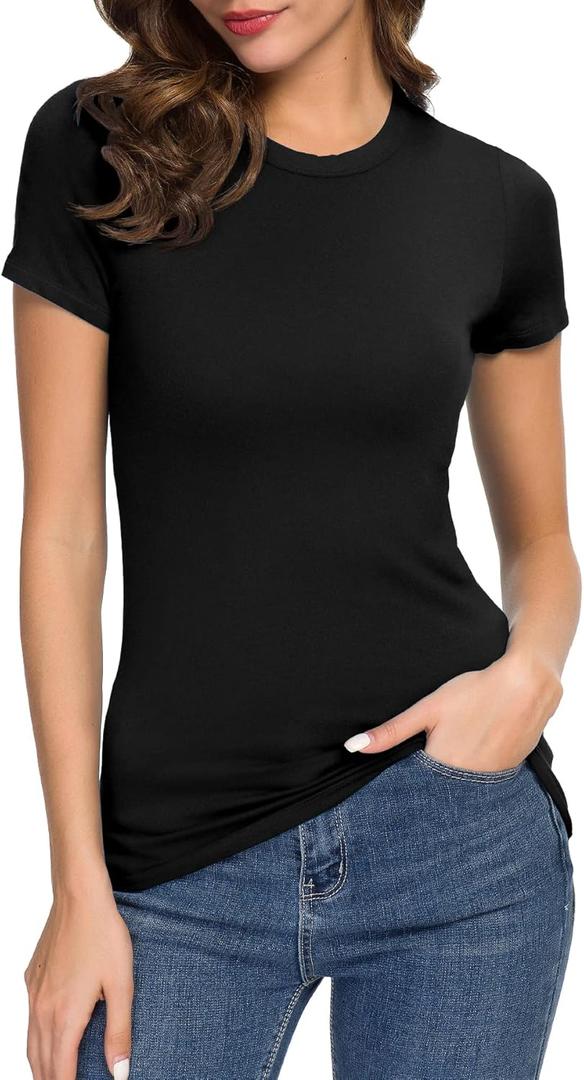 Women's Crewneck Slim Fitted Short Sleeve T-Shirt Stretchy Bodycon Basic Tee Tops (M, Black)