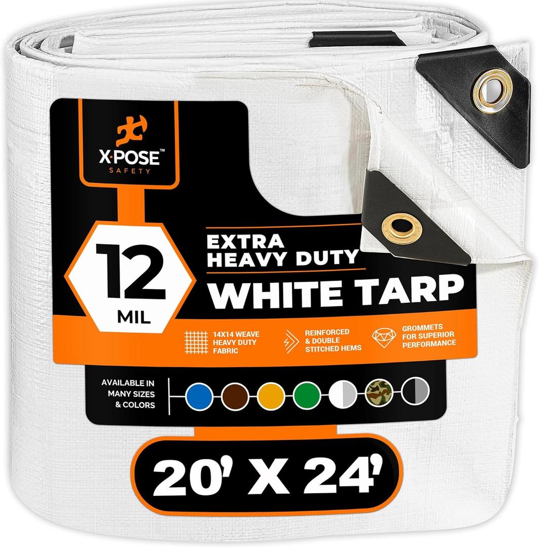Heavy Duty White Poly Tarp 20' X 24' - Multipurpose Protective Cover - Durable, Waterproof, Weather Proof, Rip and Tear Resistant - Extra Thick 12 Mil Polyethylene - by Xpose Safety