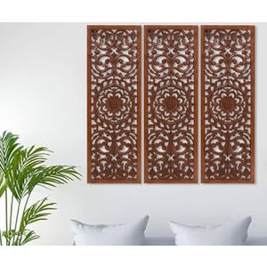 Carved Wall Panel Set  Natural Burnt Finish, 36x36 inch (12x36  Set of 3) (36L" x 36W")