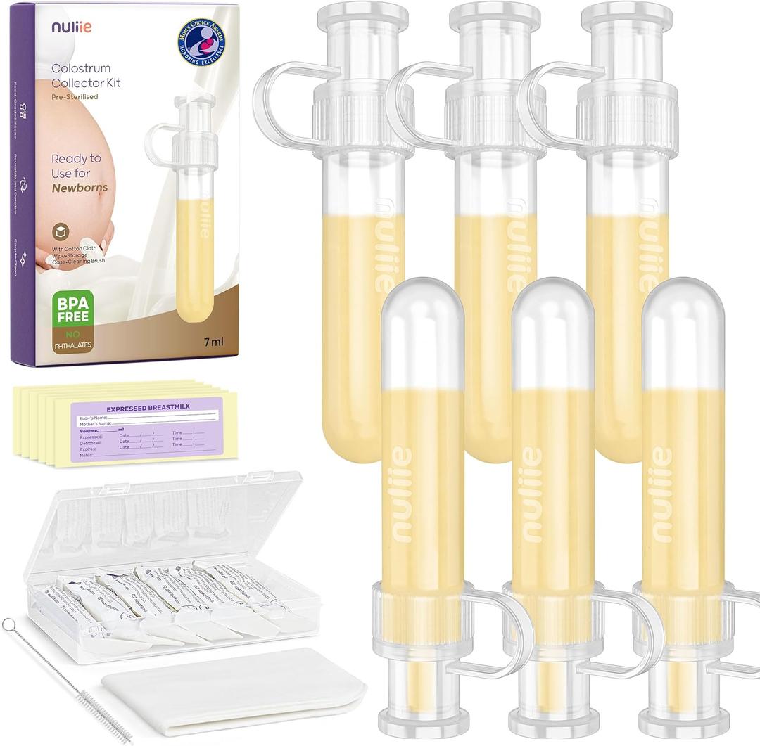 Nuliie Colostrum Collector Kit 7ml/6pcs, Leakproof, Reusable Breast Milk Collector, Heat & Freezer Resistant, BPA-Free, With Cotton Cloth Wipe, Storage Case, Cleaning Brush - Ready-to-Use for Newborns