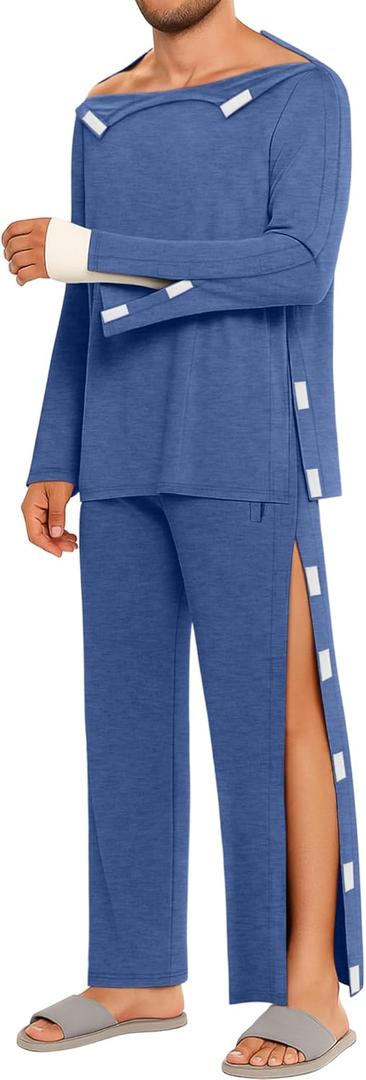 Men Full Tear Away Suit Set 2 Pcs Open Post Shoulder Shirt invalid Pants Recovery Pajama Fracture Care Bedridden (XX-Large, Dark Blue)