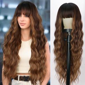 30 Inch Long Wigs with Bangs Ombre Brown Wigs for Women Brown Mixed Blonde Highlight Wig Synthetic Curly Wavy Heat Resistant Wigs for Daily Party Use