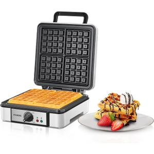 FOHERE Waffle Maker 4 Slices, 1200W Square Waffle Iron, 5 Browning Levels, Nonstick Plates, Cool-touch Handle, Anti-scald, Anti-overflow, Indicator Lights, Recipe, White (Large)
