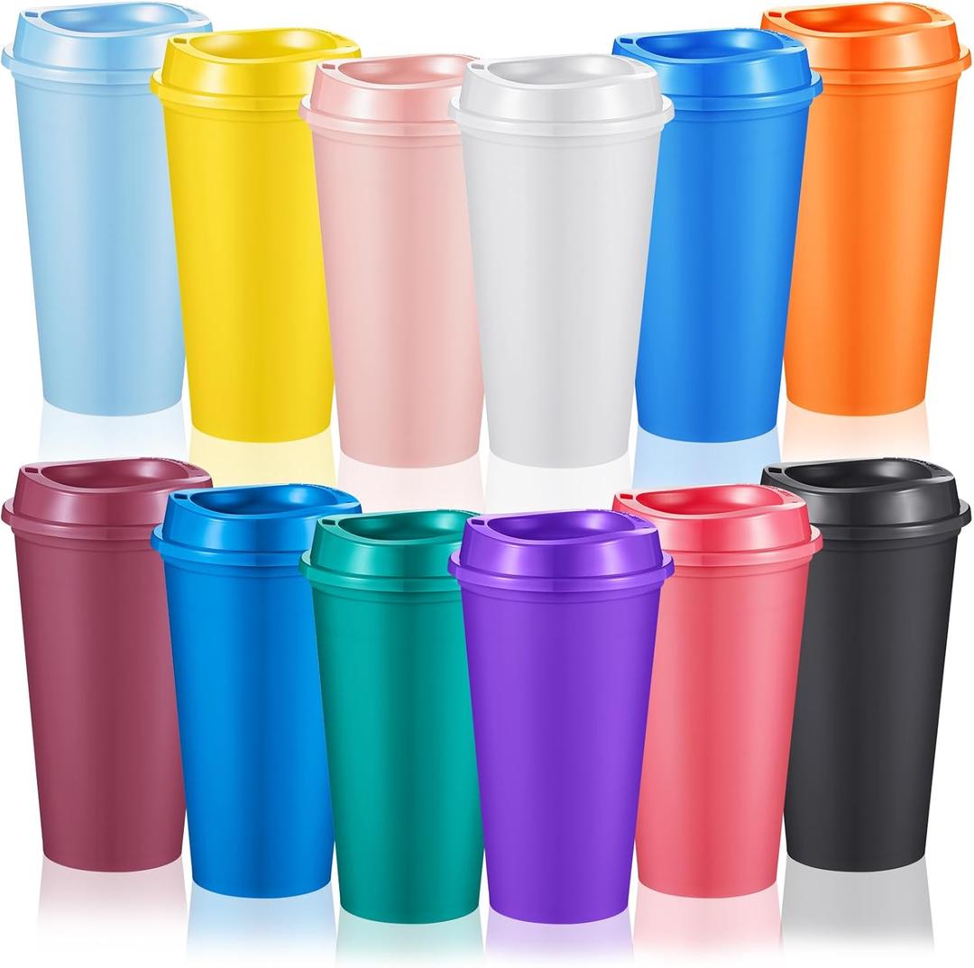 12 Pcs Reusable Coffee Cups with Lids 16 oz Travel Hot Cups Microwavable Plastic Tumblers Coffee Mugs Party Birthdays Gifts Adult for Hot and Cold Drinks Favors (Bright Colors)