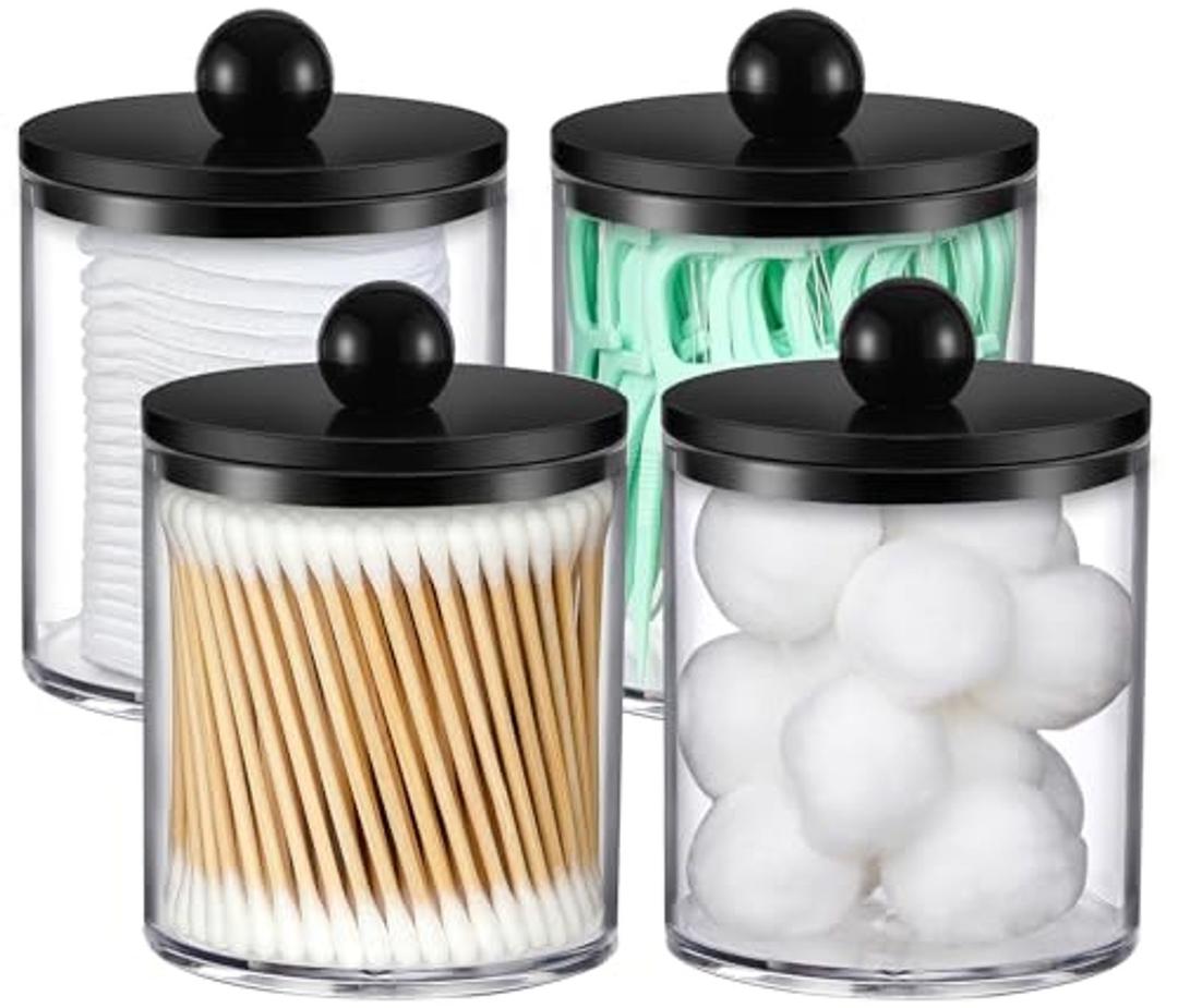 4 Pack Acrylic Qtip Holder Dispenser for Cotton Swabs, Balls, Pads, Floss - Plastic Canister Apothecary Jar Set, Bathroom Essentials Accessories Decor Vanity Makeup Storage Organizer - Clear & Black