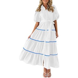 PRETTYGARDEN Women's Summer Button Down Shirt Dress Short Puffy Sleeve Tiered Ruffle Flowy Long Maxi Dresses , Size -M, White Blue