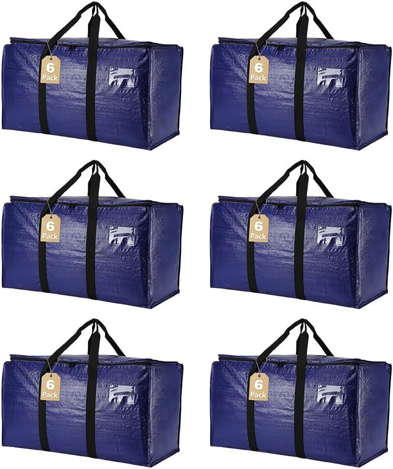 Cryster 6 Pack Moving Bags Heavy Duty, Extra Large Storage Totes Bag with Zippers and Sturdy Handles, Packing Bags for Moving, Storage, Travel, Space Saving, Moving Boxes College Essentials Blue