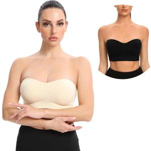Gnowann Strapless Bras for Women Non-Slip Silicone Bandeau Bralette Seamless Wireless Strapless Bra Padded Tube Top (X-Large, Black+beige)