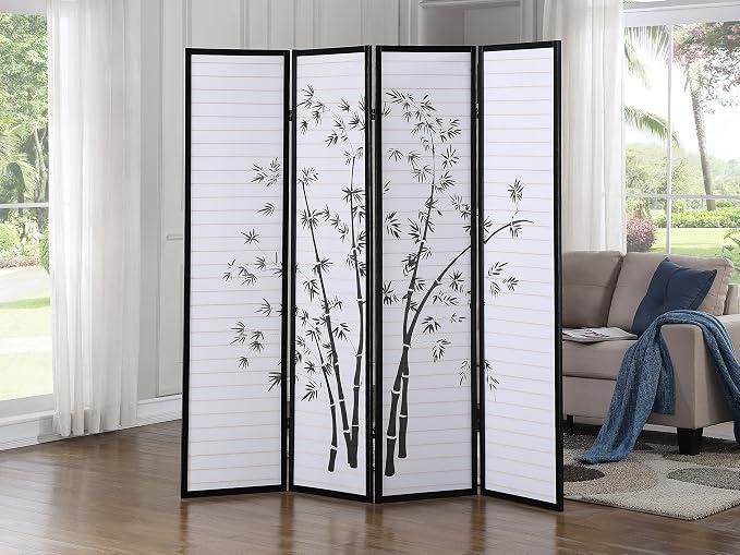 Bamboo Print Room Divider, Black 4-Panel Screen - Privacy & Decor, 72"W x 1"D x 71"H