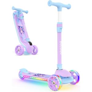 BELEEV A9 Kids Scooter with LED Light-Up Wheels & Deck, 3 Wheel Folding Scooter for Toddlers Girls Boys Ages 3-12, Adjustable Handlebar, Lean to Steer, Extra-Wide Wheels, Kick Scooter for Children (Purple)