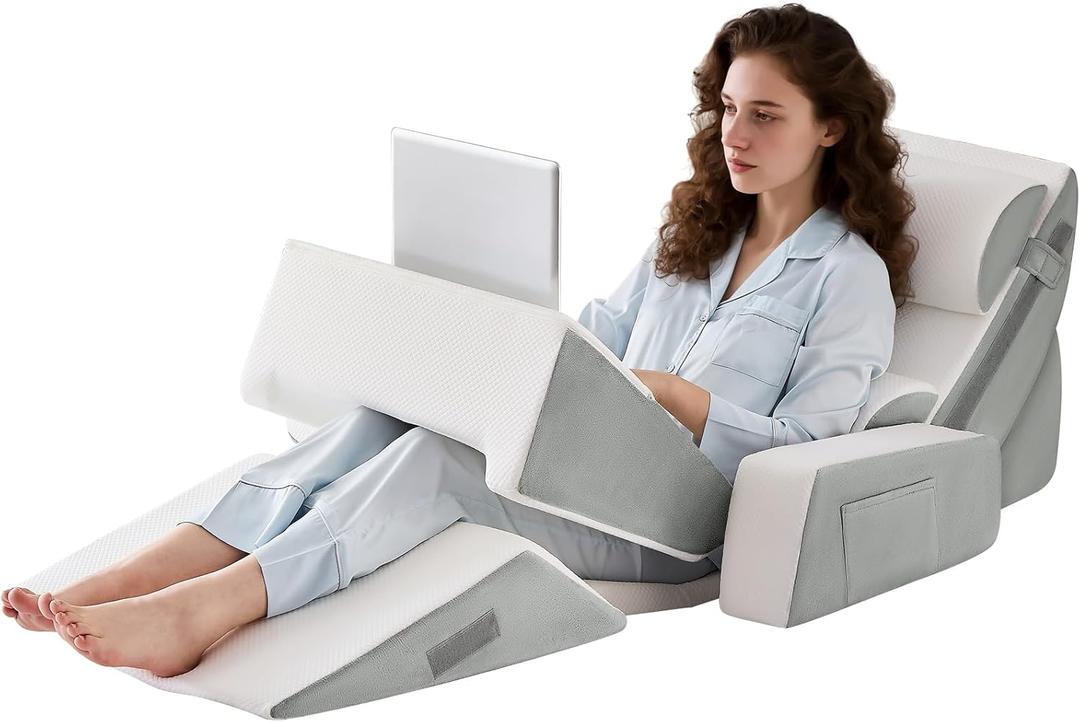 Yojoker 9PCS Orthopedic Bed Wedge Pillow Set for Sleeping, Back and Leg Pain Relief, Post Surgery Foam Pillow for Body, Triangle Adjustable Support Pillow - Acid Reflux Sleeping Pillows (White)