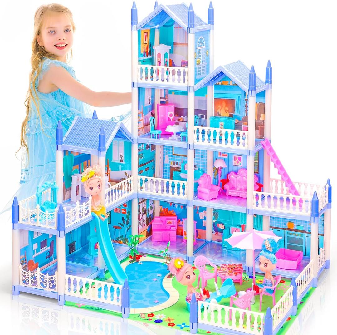AmiDear Dollhouse with 4-Story 11 Rooms, Dream Gift Princess Doll House Playset with Furniture, Blue Toddler House with Pool Slide for 3 4 5 6 7 8 9 10 Year Old Girls Kids