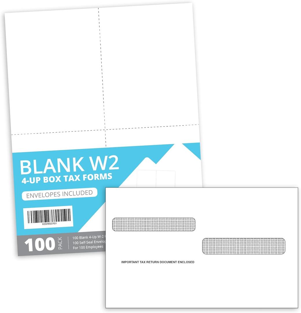 Blue Summit W2 Forms 2025 with Envelopes, Blank W2 4 UP Tax Forms 2025 4 Part, 100 Employee Perforated Paper, Compatible with QuickBooks Online, for E-Filing, Laser Inkjet, 100 Self Seal Envelopes
