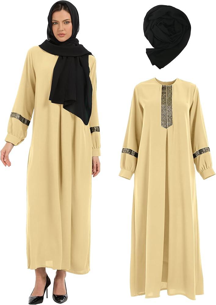 Yonroik Muslim Abaya Dress For Women with Hijabs Long Sleeve Floral Print Islamic Dubai Long Maxi Dresses, Medium