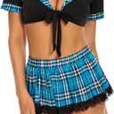Lidogirl Women Tie-Front Crop Top And Lace Trim Plaid Skirt Set With Stockings XS-2XL (Blue)