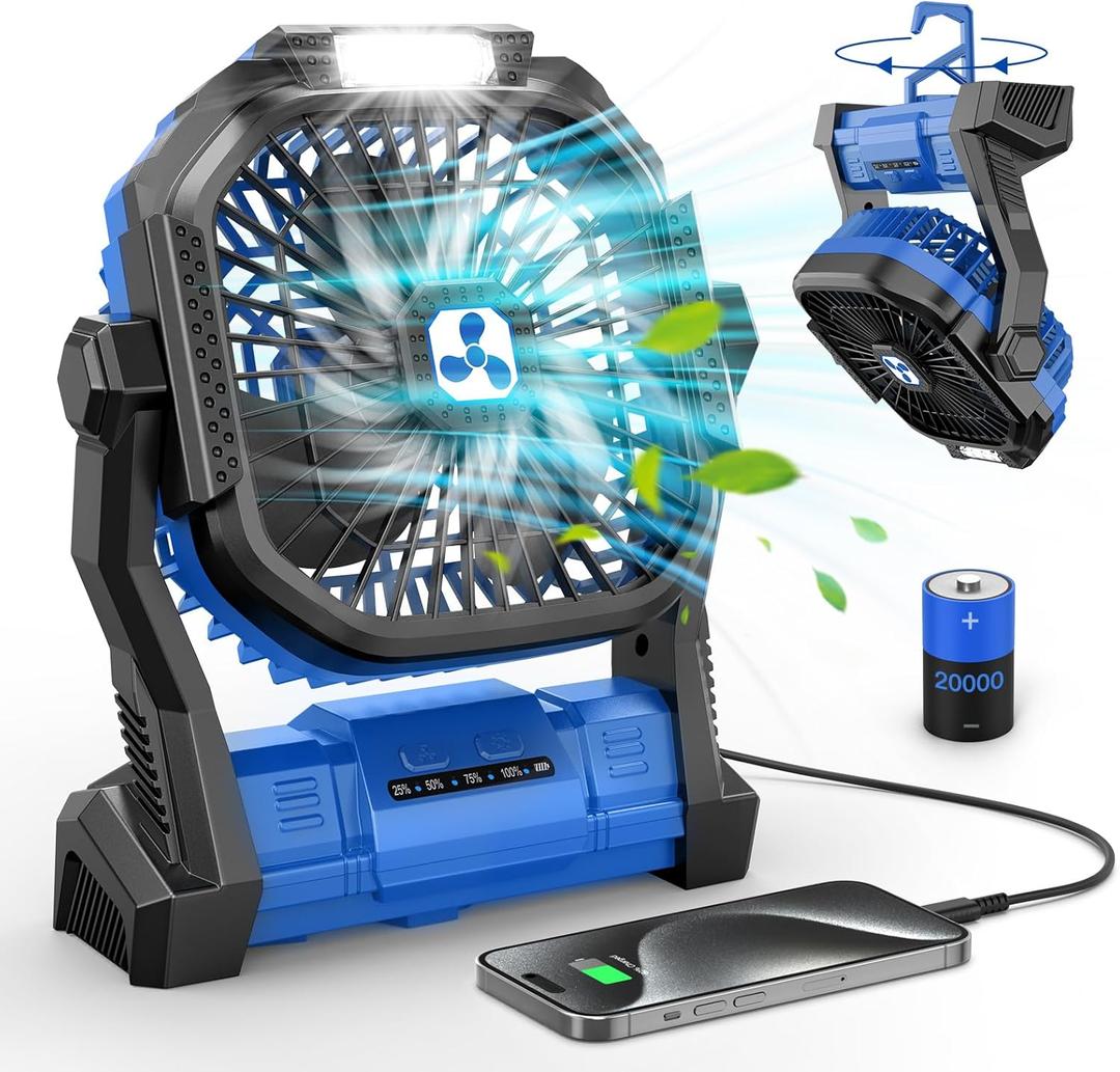 Portable Fan Rechargeable, Cordless Battery Powered Fan with LED Lantern 20000mAh, USB C Battery Operated for Travel Bedroom Home Camping Tent Office Beach Desk Picnic Barbecue Fishing Table (Blue)