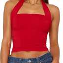 ForeFair Women Halter Neck Backless Crop Top Sexy Y2K Sleeveless Tank Top Open Back Slim Fit Tops (L, Red)
