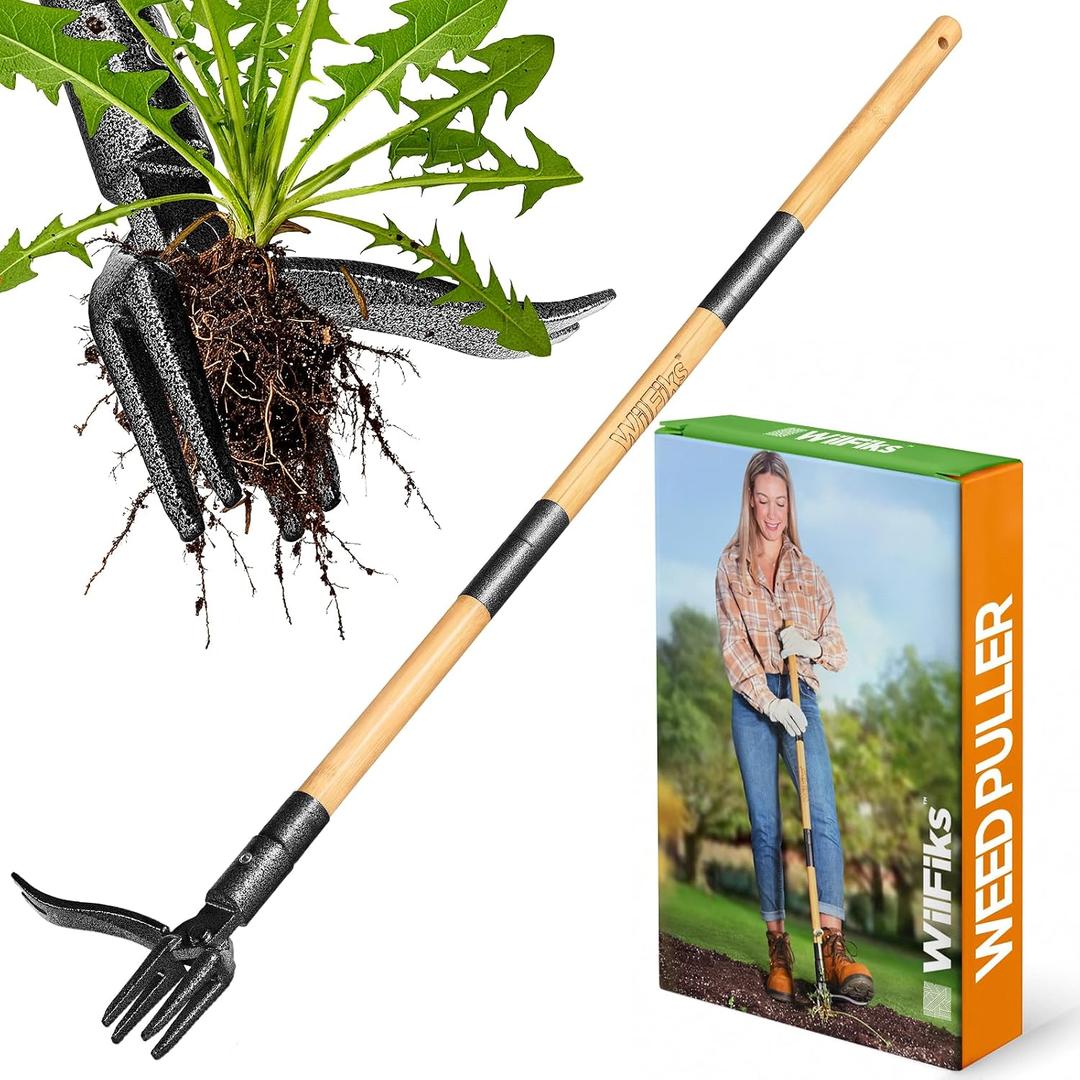 Weed Puller Tool, Stand Up Heavy Duty Weed Remover Tool with Long Handle , Foot Platform Design - 4 Claw Steel Head Weeder Tool, Bamboo Garden Hand Weeding Tool, Smoothly Remove Weeds Without Kneeling