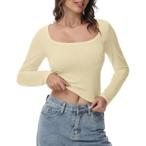 Women's Long Sleeve Crop top, Ribbed & Slim Fitted Cotton Shirts, Square Crewneck Tee Basics for Daily & Casual Wear (Large, Xbeige)
