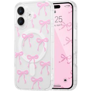 UEEBAI Magnetic for iPhone 16 Plus Case, Bow Case Compatible with MagSafe, Wireless Slim Clear Ribbon Aesthetic Phone Cover Anti-Yellowing Shockproof Protective Cover for Women Girl - Pink