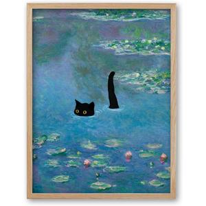 iHery Natural OAK Wood Framed Wall Art, 8x10in Claude Monet Waterlily Funny Black Cat Artwork Set of 1, Canvas Bedroom Wall Decor, Vintage Painting Impressionism Landscape for Bathroom Living Room