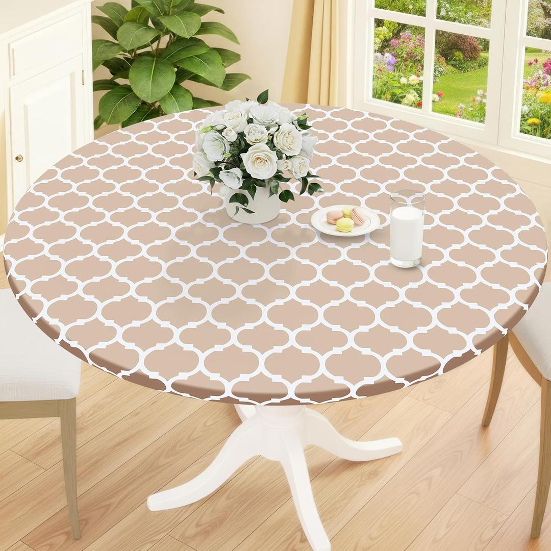 Smiry Round Picnic Tablecloth, Waterproof Elastic Fitted Table Covers for 45" - 56" Tables, Wipeable Flannel Backed Vinyl Tablecloths for Camping, Indoor, Outdoor, Khaki & White